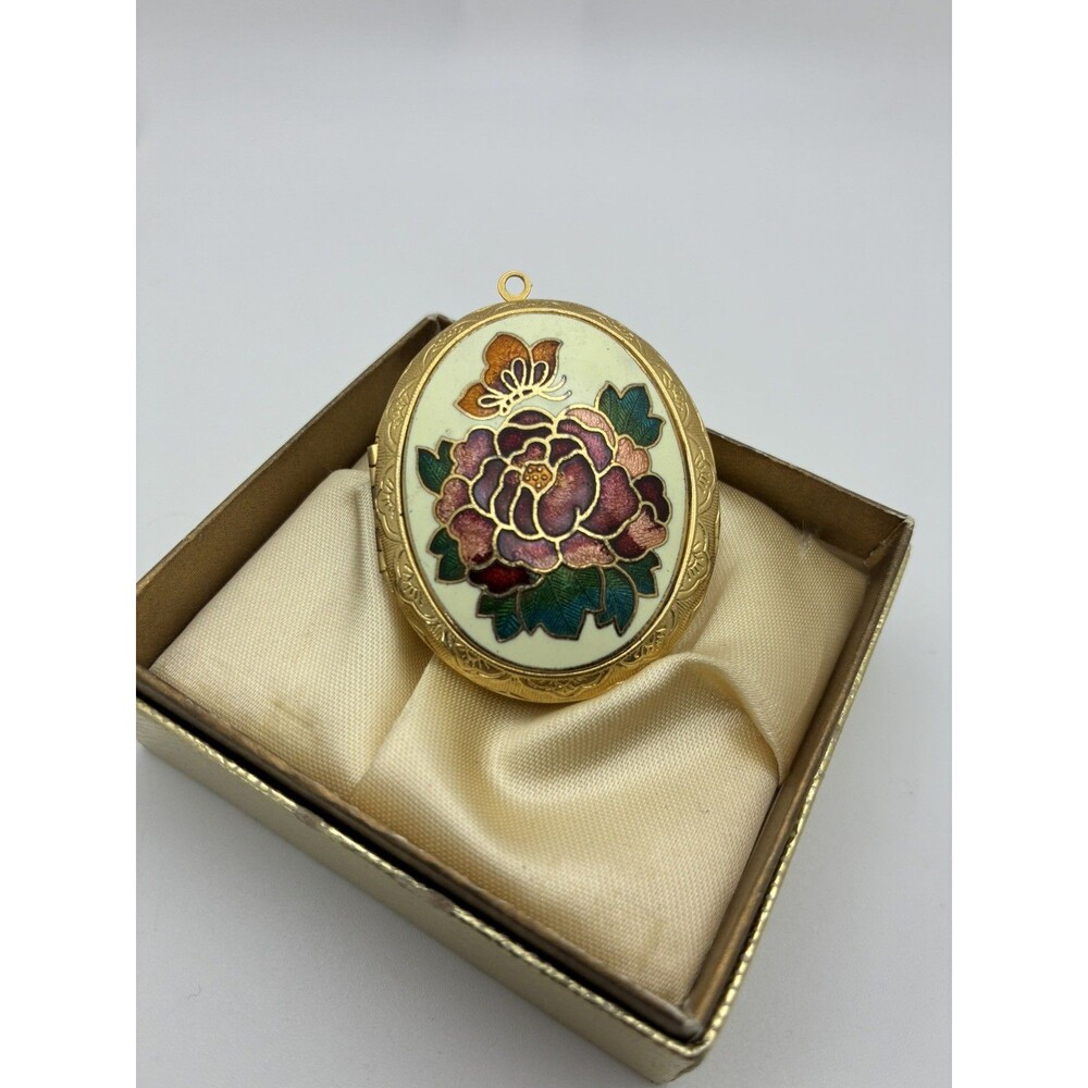Oval Vintage Cloisonné Locket Gold Tone Enamel Flower Butterfly